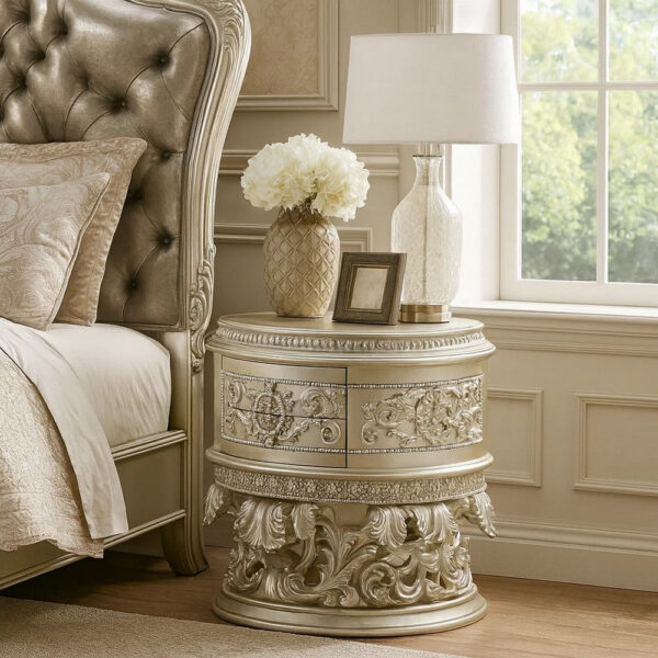 Nightstand with Scrolled Carvings and Half Moon Shape, Champagne Silver