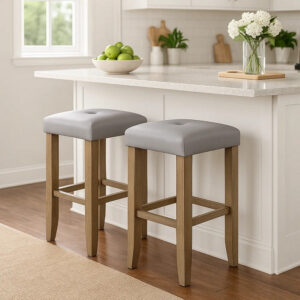 Counter Height Stool with Faux Leather Seat, Set of 2, Oak Brown