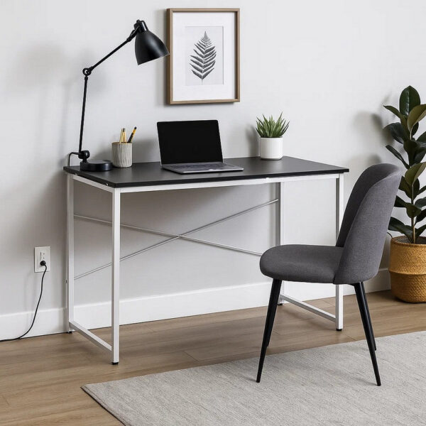 Writing Desk with X Shaped Crossbar Support, Black and White