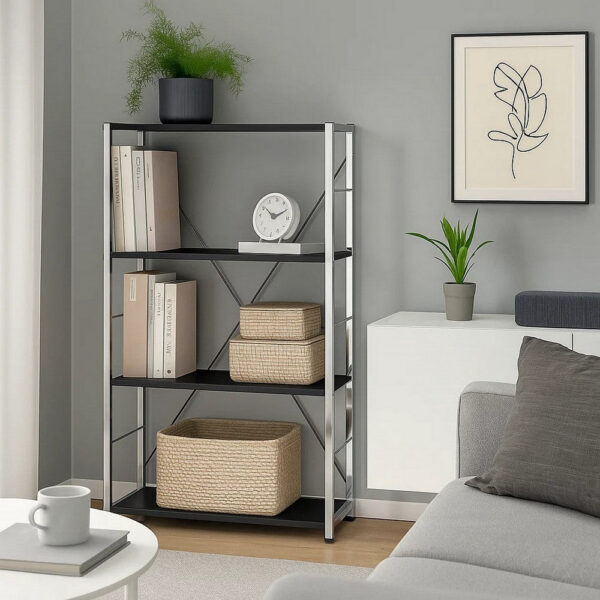 Bookshelf with X Shaped Crossbar Support, Black and White