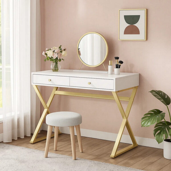 Vanity Desk with Removable Mirror and Cross Metal Legs, White and Gold