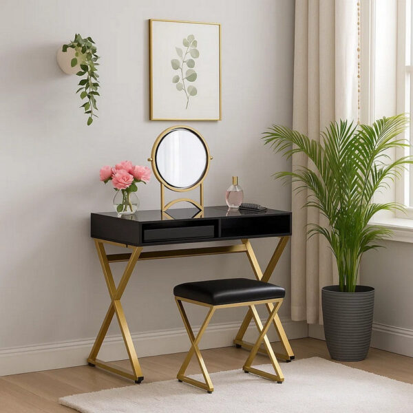 Vanity Desk with Round Mirror and Cross Metal Legs, Black and Gold