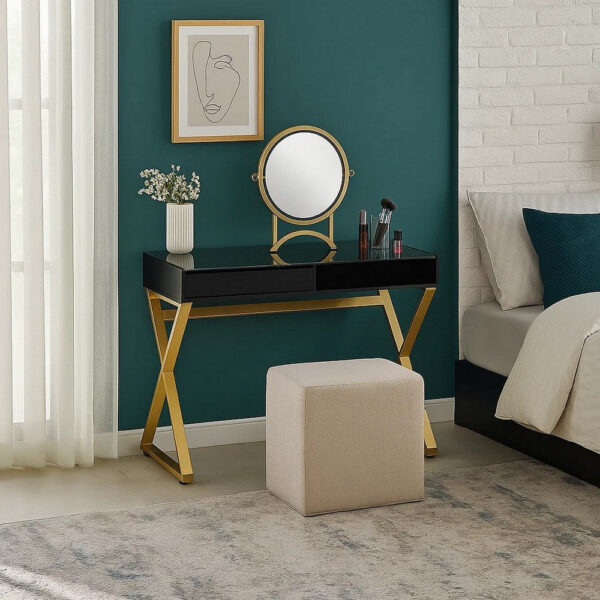 Vanity Desk with Round Mirror and Cross Metal Legs, Black and Gold