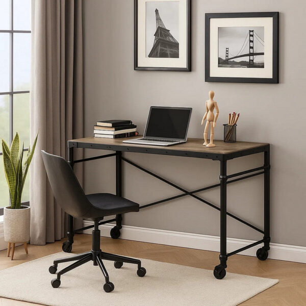 15022026699171d38ba65.jpeg Writing Desk with Casters and Nail Accents, Black