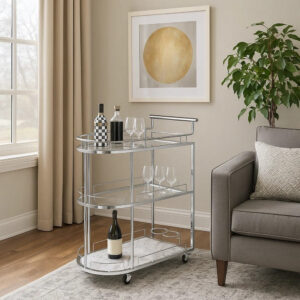 Serving Cart with Oval Shape and Metal Bar Handle, Silver