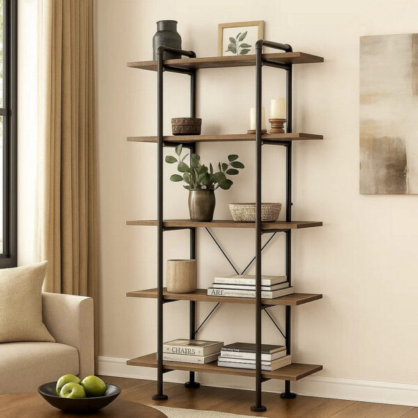 Bookcase with Metal Pipe Design and 5 Tier Shelves, Brown