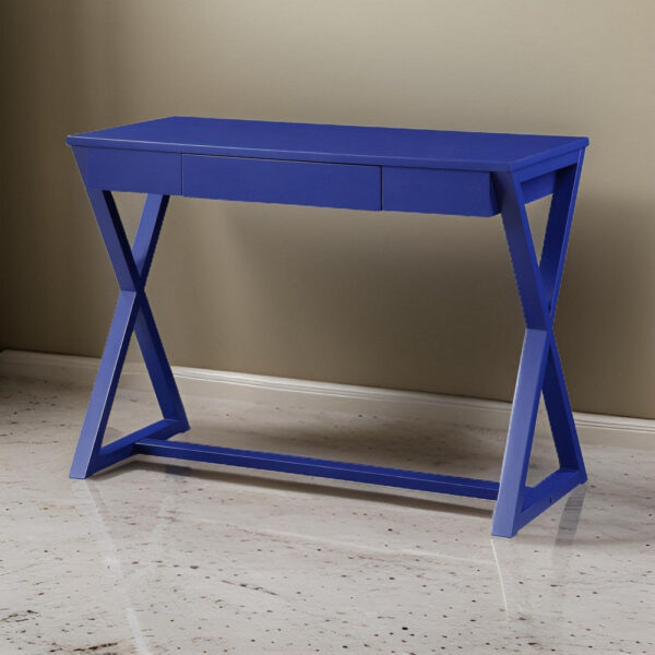Writing Desk with X Base and 1 Center Drawer, Blue