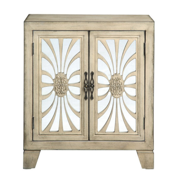Console Table with 2 Glass Doors and Floral Motif, Antique White