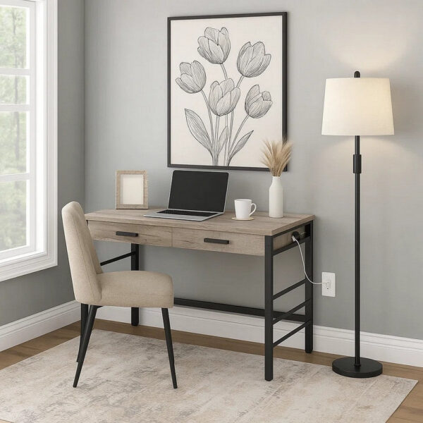 Built-in USB Port Writing Desk, Light Weathered Oak and Black