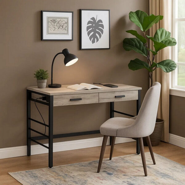 Built-in USB Port Writing Desk, Light Weathered Oak and Black