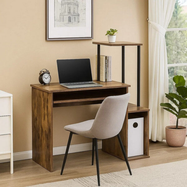 Computer Desk with Built In Bookshelf, Weathered Oak and Black
