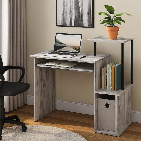 Computer Desk with Built In Bookshelf, Antique White and Black, Antique White and Black