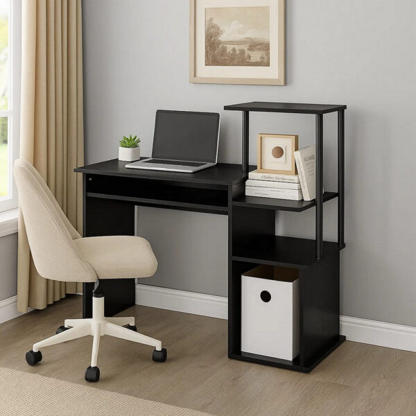 Computer Desk with Built In Bookshelf, Black
