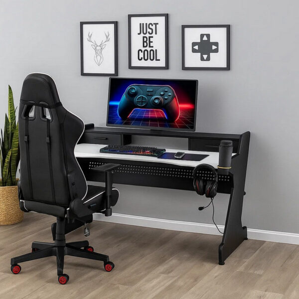 Gaming Table with Cup Holder and Headset Rack, Black and White