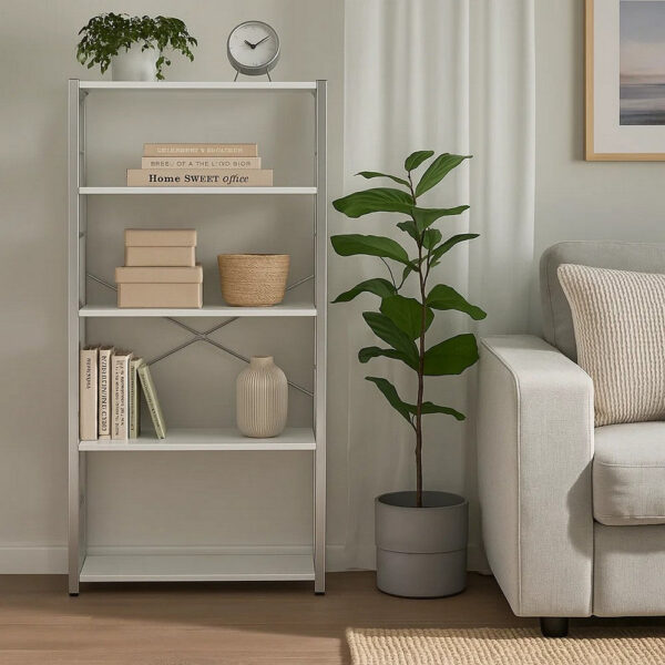 Bookshelf with X Shaped Cross Bar Chrome Finish, White