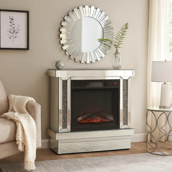 Electric Fireplace with Mirror Panel Framing and Faux Diamonds, Silver