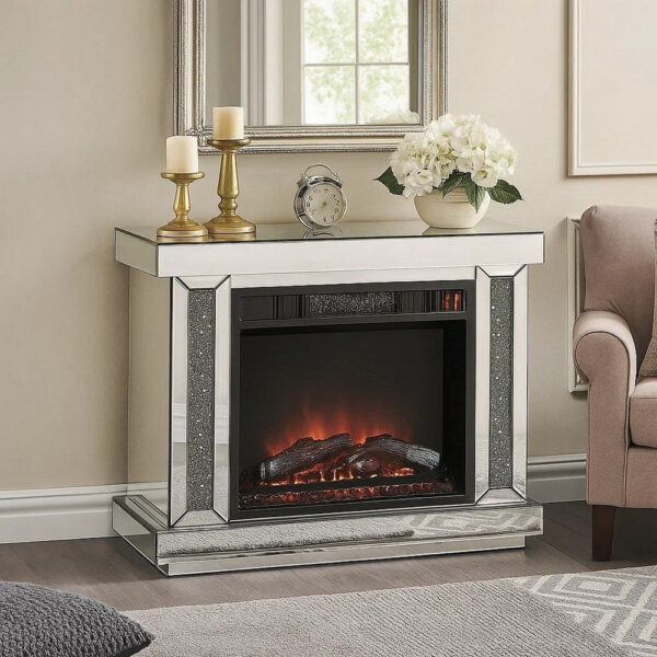 Electric Fireplace with Mirror Panel Framing and Faux Diamonds, Silver