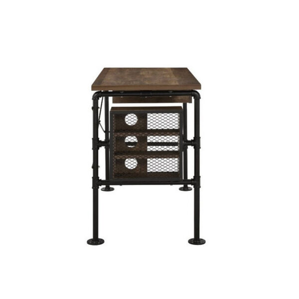 Writing Desk with Industrial Style and 3 Tier Sleek Side Shelves, Oak Brown