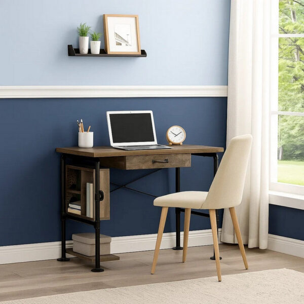 Writing Desk with Industrial Style and 3 Tier Sleek Side Shelves, Oak Brown
