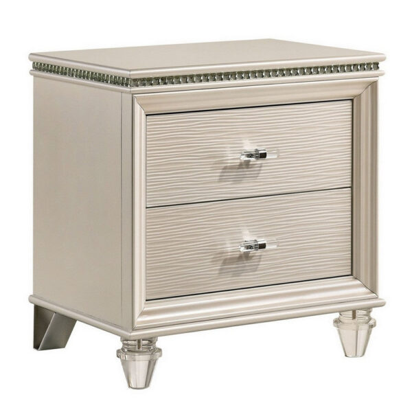 Nightstand with Textured 2 Drawers and Acrylic Legs, Pearl White