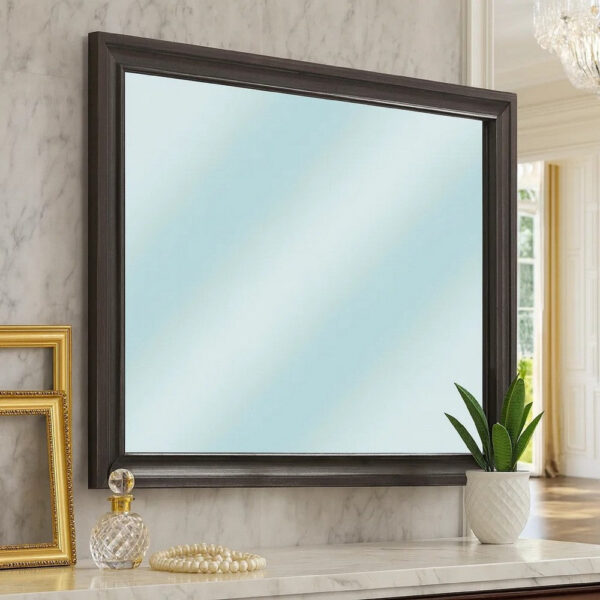 Mirror with Wooden Frame and Molded Detail, Dark Gray