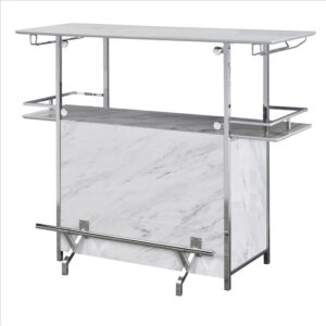 Bar Table with Faux Marble and Chrome Finish, White and Silver