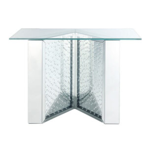 Console Table with Mirrored V Shaped Base, Silver