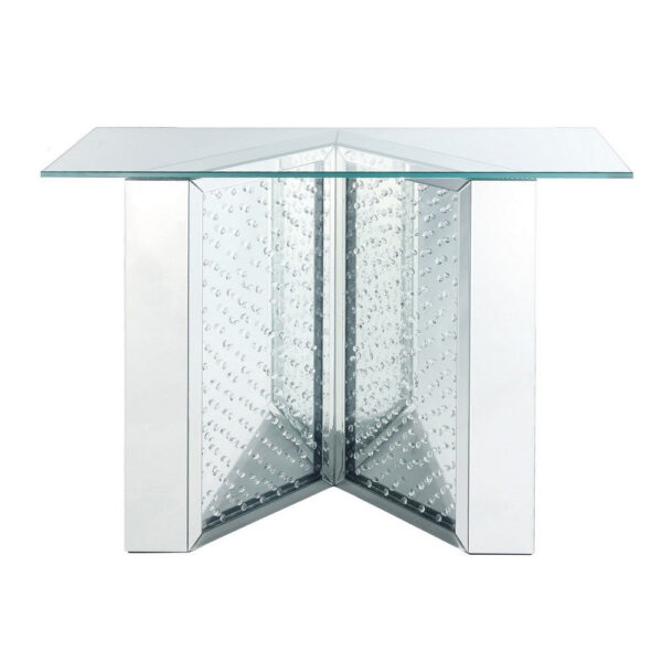 Console Table with Mirrored V Shaped Base, Silver