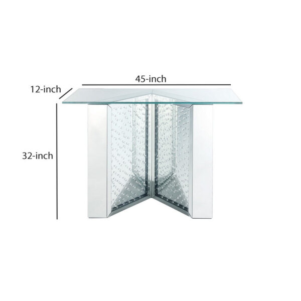 Console Table with Mirrored V Shaped Base, Silver