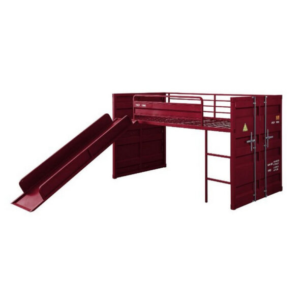 Twin Loft Bed with Metal Frame and Slide, Red
