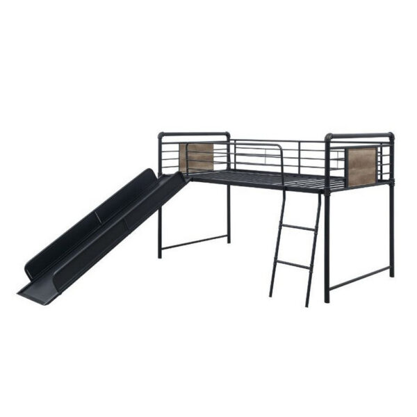 Twin Loft Bed with Tubular Metal Frame and Slide, Dark Bronze