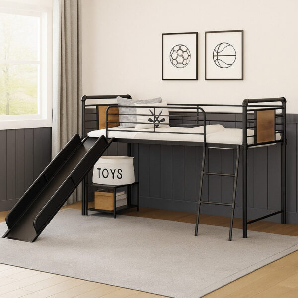 Twin Loft Bed with Tubular Metal Frame and Slide, Dark Bronze