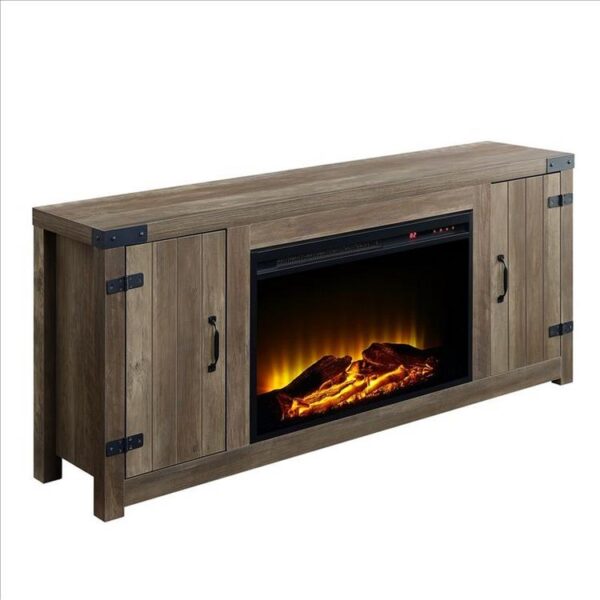TV Stand and Fireplace with 2 Doors and Metal Brackets, Rustic Brown