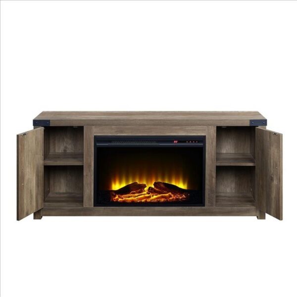 TV Stand and Fireplace with 2 Doors and Metal Brackets, Rustic Brown