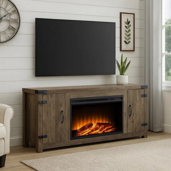 TV Stand and Fireplace with 2 Doors and Metal Brackets, Rustic Brown