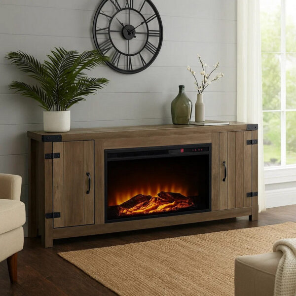 TV Stand and Fireplace with 2 Doors and Metal Brackets, Rustic Brown