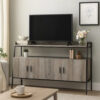 150220266991752435149.jpeg TV Stand with 2 Double Door Cabinet and Tubular Frame, Oak Gray