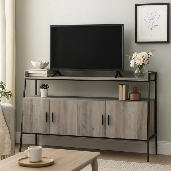 150220266991752435149.jpeg TV Stand with 2 Double Door Cabinet and Tubular Frame, Oak Gray