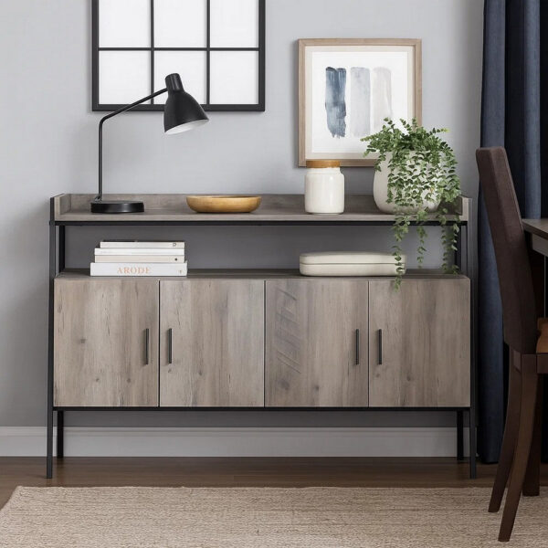 1502202669917525e9f51.jpeg TV Stand with 2 Double Door Cabinet and Tubular Frame, Oak Gray