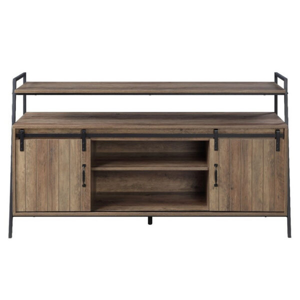 TV Stand with 2 Sliding Barn Doors and Tubular Frame, Oak Brown