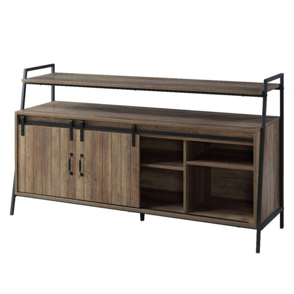 TV Stand with 2 Sliding Barn Doors and Tubular Frame, Oak Brown