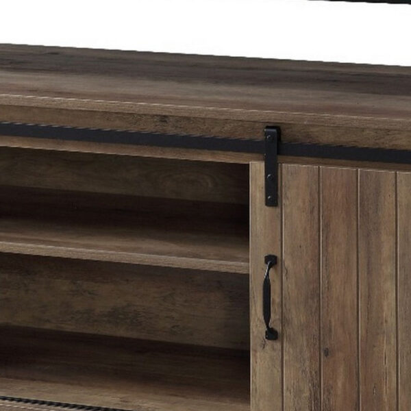 TV Stand with 2 Sliding Barn Doors and Tubular Frame, Oak Brown