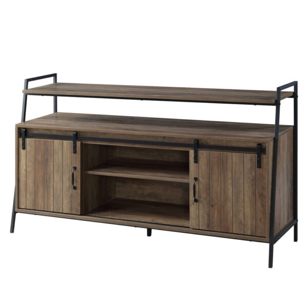 TV Stand with 2 Sliding Barn Doors and Tubular Frame, Oak Brown