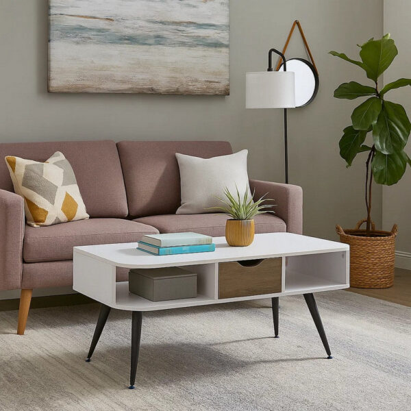 Coffee Table with Melamine Paper Veneer Top and 1 Drawer, White