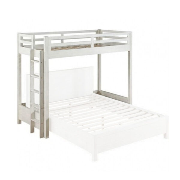 Twin Loft Bed with 1 Queen Bed and Fixed Ladder, White