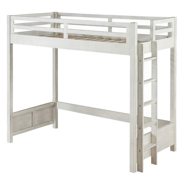 Twin Loft Bed with 1 Queen Bed and Fixed Ladder, White