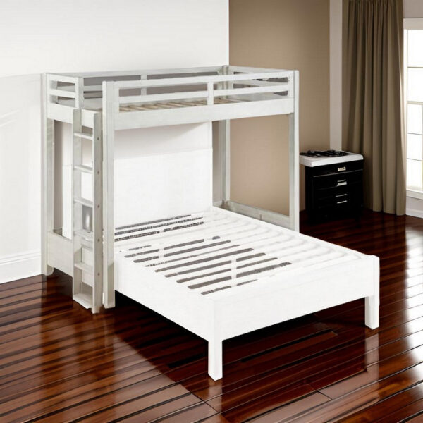 Twin Loft Bed with 1 Queen Bed and Fixed Ladder, White