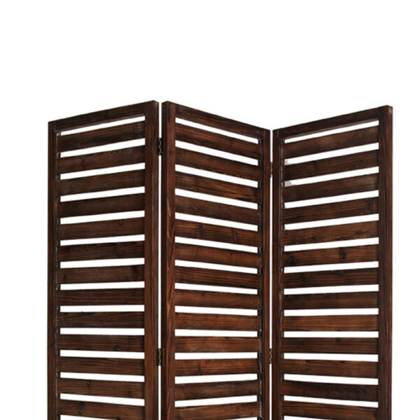 3 Panel Foldable Wooden Screen with Louver Pattern, Dark Brown