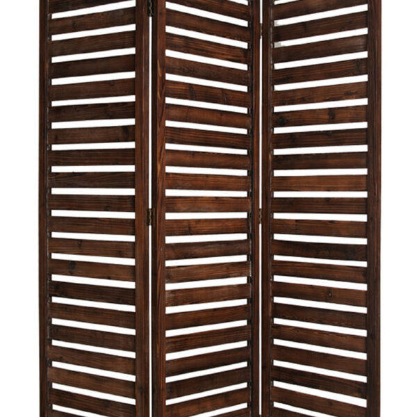 3 Panel Foldable Wooden Screen with Louver Pattern, Dark Brown
