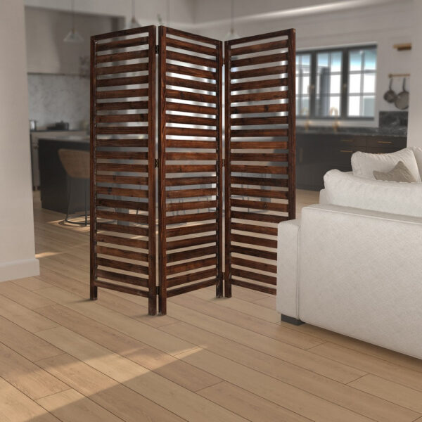 3 Panel Foldable Wooden Screen with Louver Pattern, Dark Brown